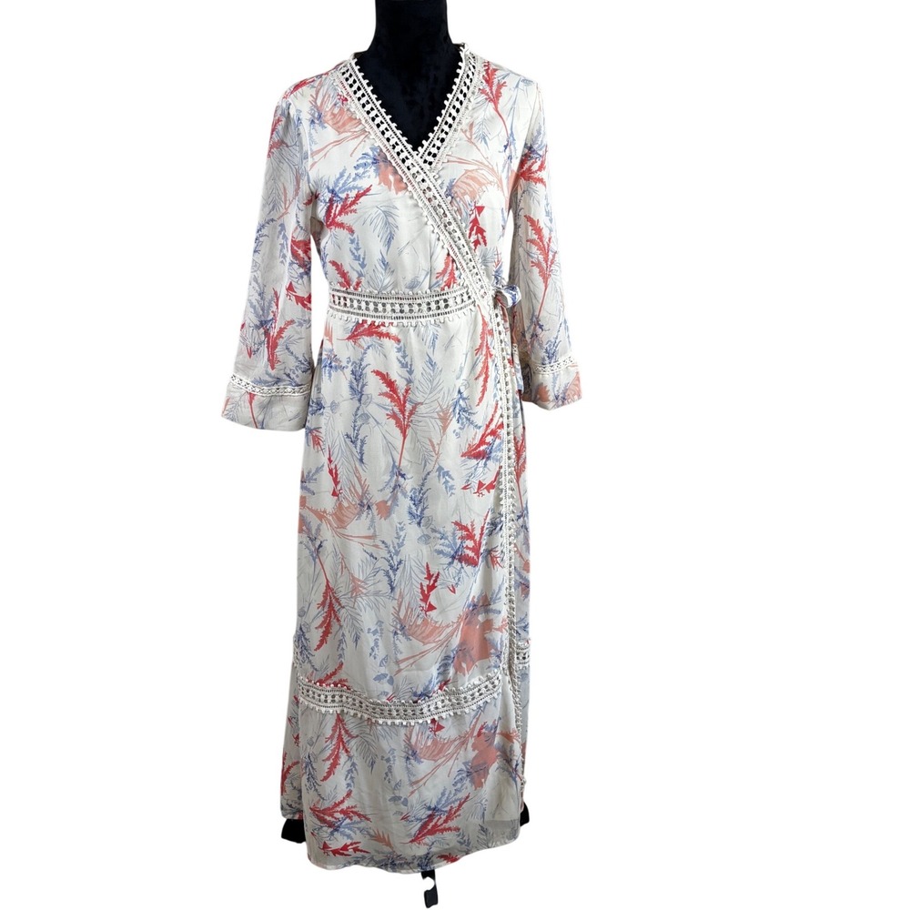 ASOS Tropical Fern Print Crochet Trim Wrap Maxi Dress Cream Blue Coral US 6
